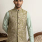Men Floral Woven Silk Blend Nehru Jacket ( 65WC 4155Pista )