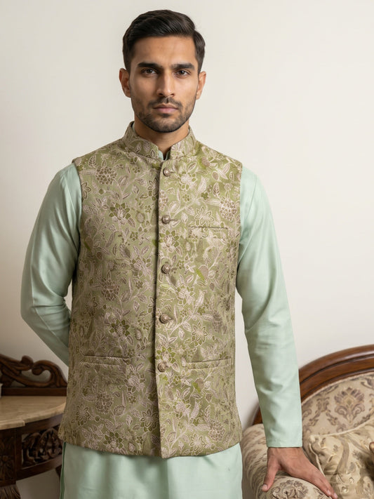 Men Floral Woven Silk Blend Nehru Jacket ( 65WC 4155Pista )