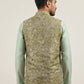 Men Floral Woven Silk Blend Nehru Jacket ( 65WC 4155Pista )