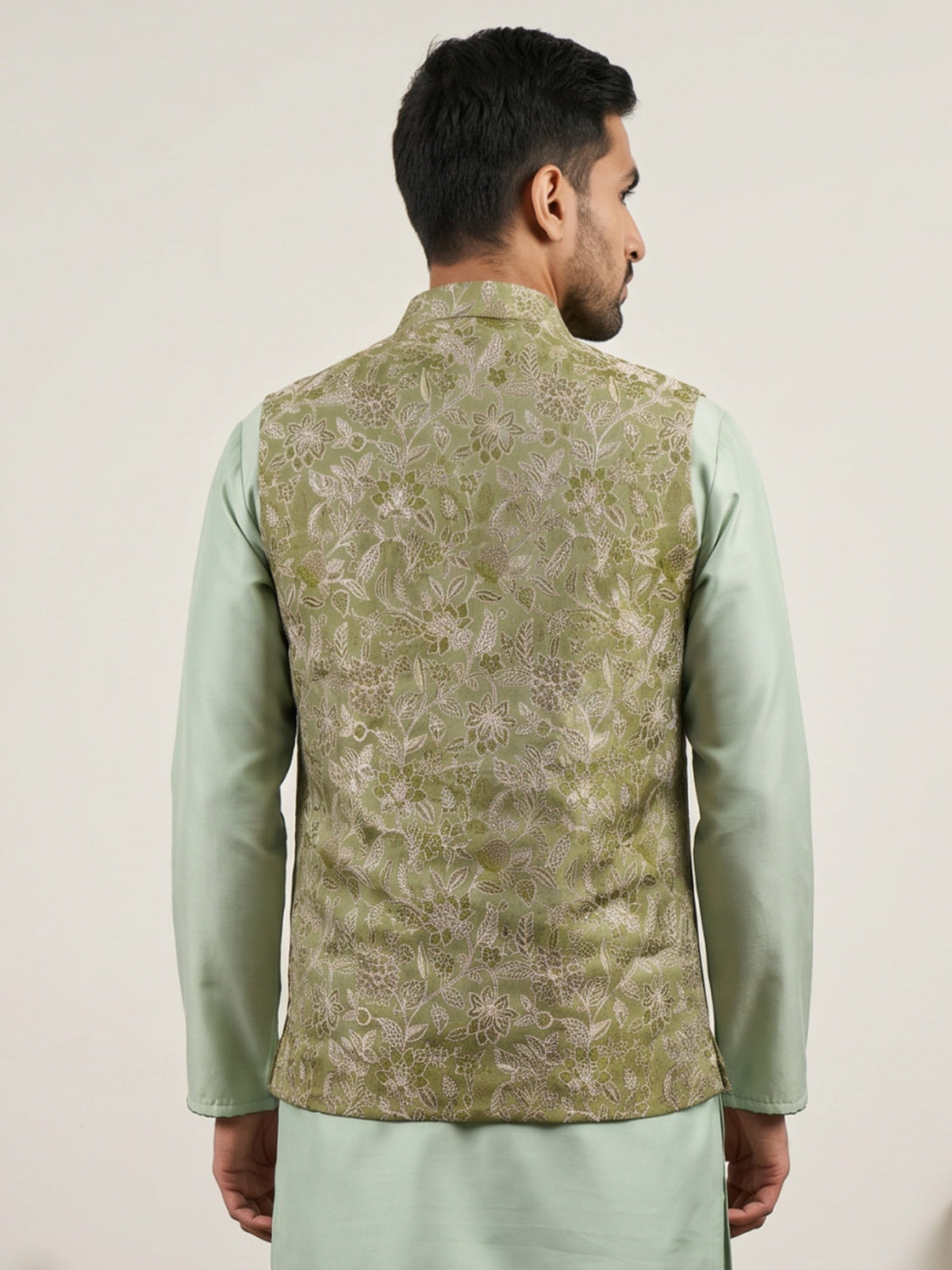 Men Floral Woven Silk Blend Nehru Jacket ( 65WC 4155Pista )