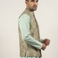 Men Floral Woven Silk Blend Nehru Jacket ( 65WC 4155Pista )