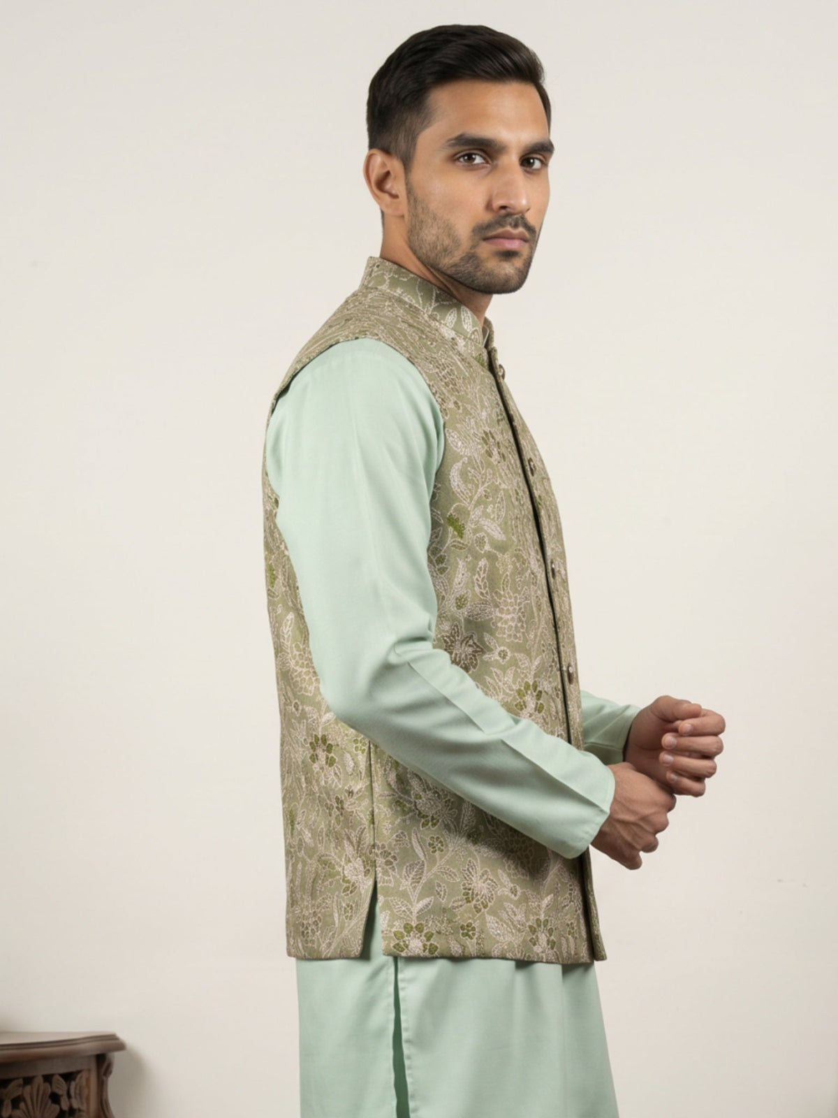 Men Floral Woven Silk Blend Nehru Jacket ( 65WC 4155Pista )
