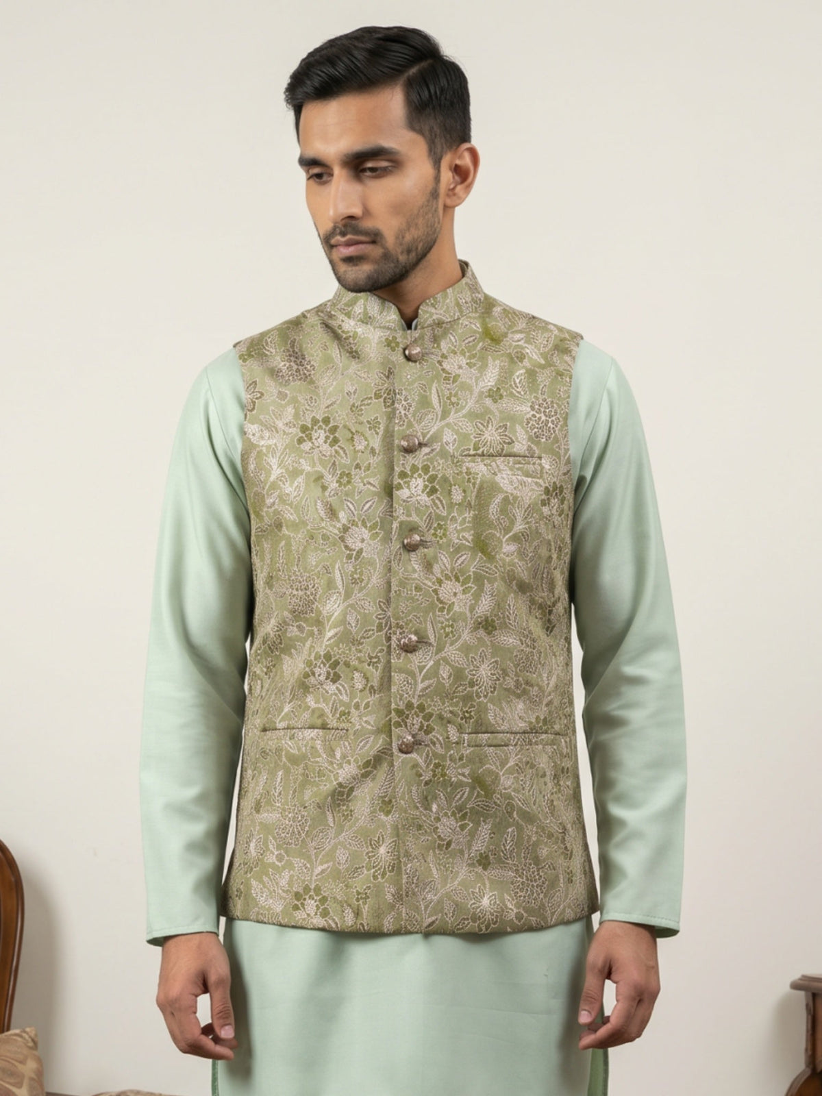 Men Floral Woven Silk Blend Nehru Jacket ( 65WC 4155Pista )