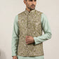 Men Floral Woven Silk Blend Nehru Jacket ( 65WC 4155Pista )