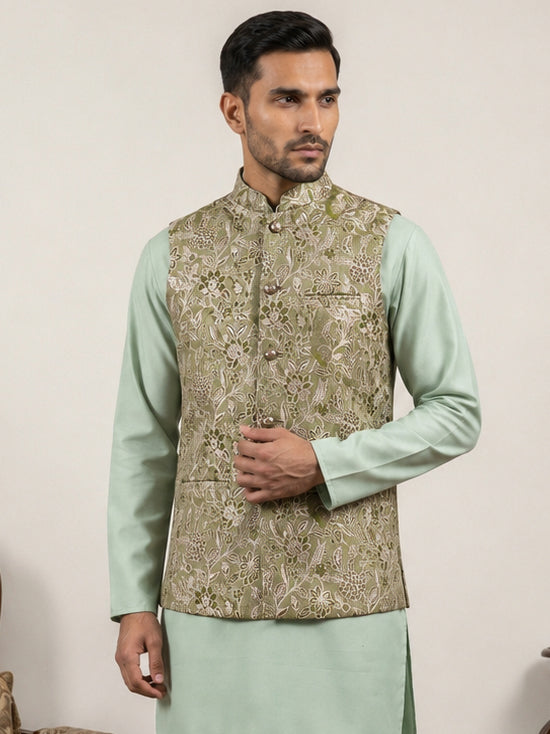 Men Floral Woven Silk Blend Nehru Jacket ( 65WC 4155Pista )