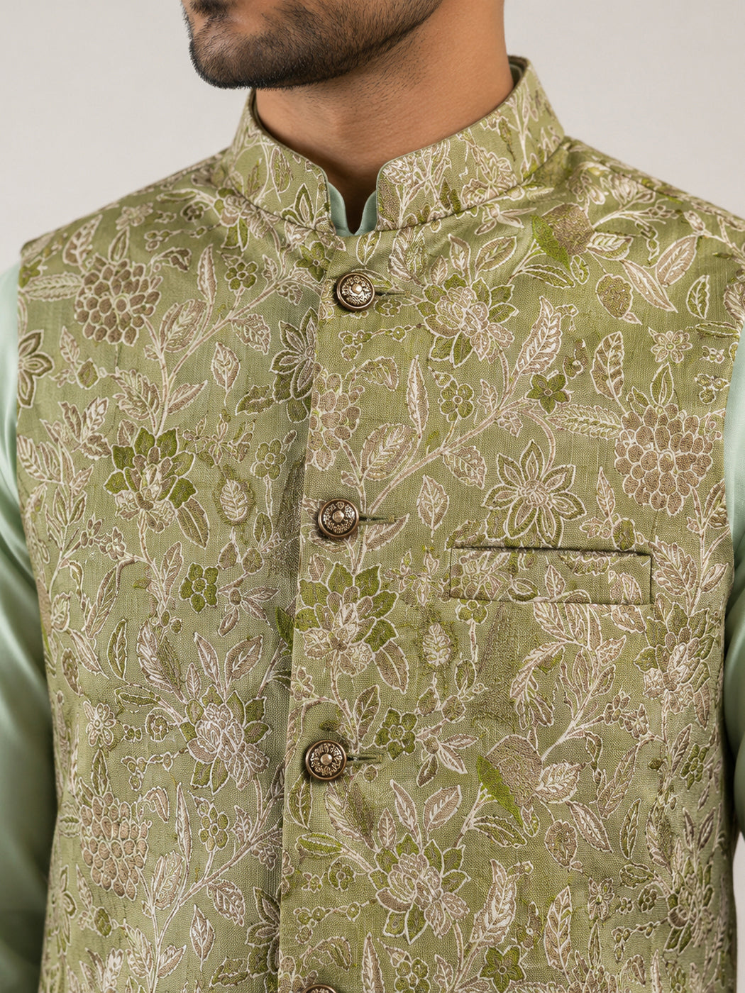 Men Floral Woven Silk Blend Nehru Jacket ( 65WC 4155Pista )