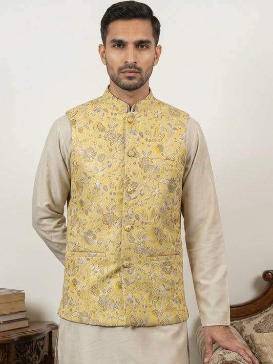Men Floral Woven Silk Blend Nehru Jacket ( 65WC 4155Yellow )