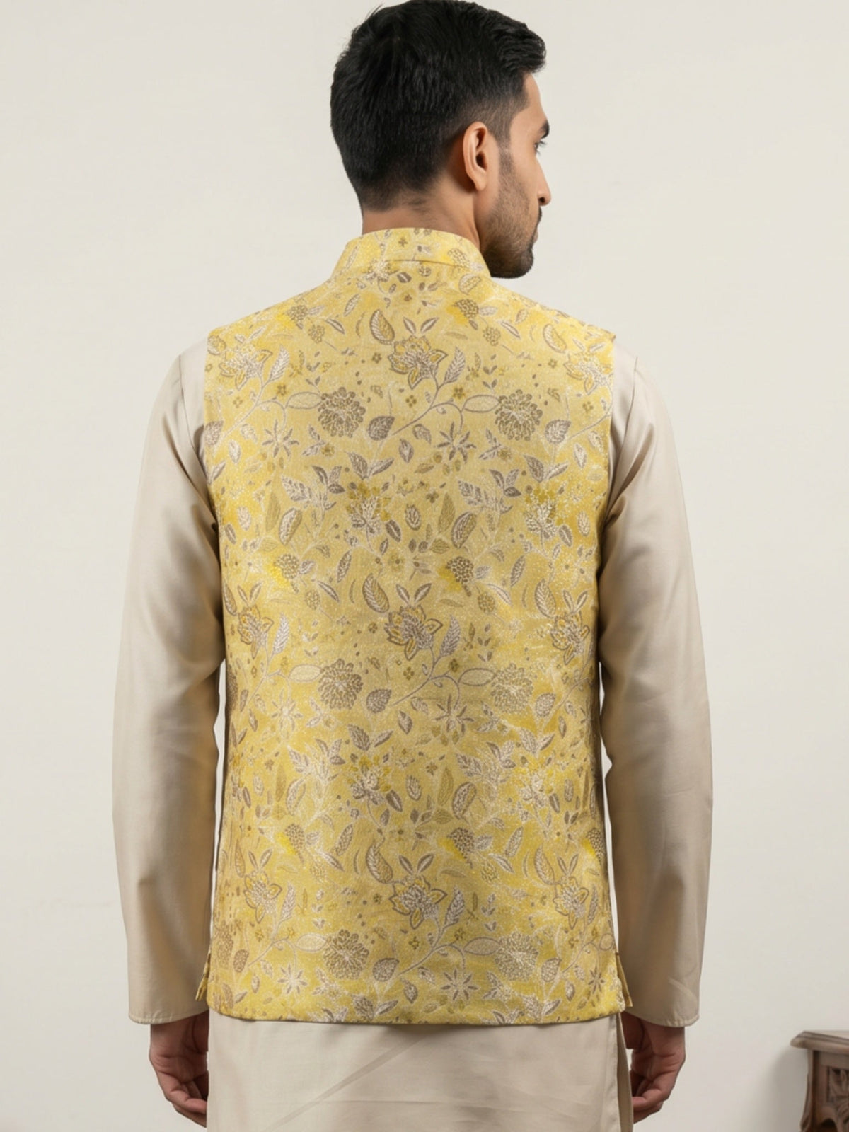 Men Floral Woven Silk Blend Nehru Jacket ( 65WC 4155Yellow )