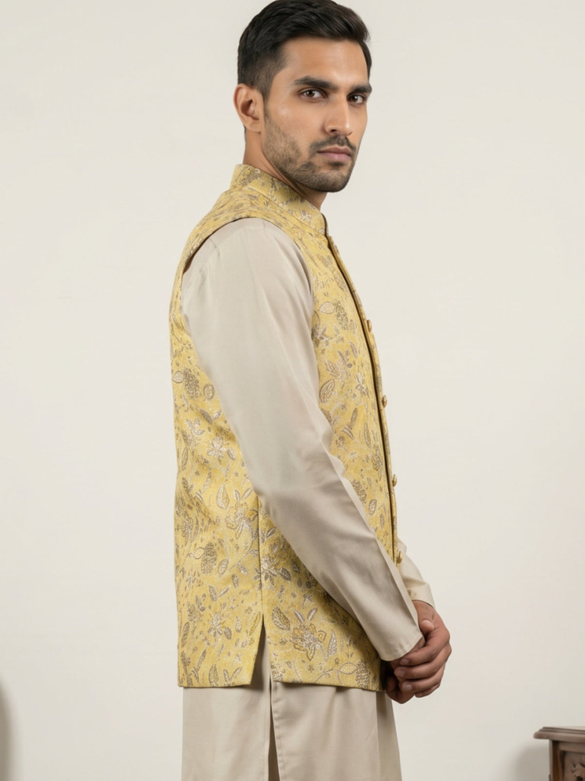 Men Floral Woven Silk Blend Nehru Jacket ( 65WC 4155Yellow )