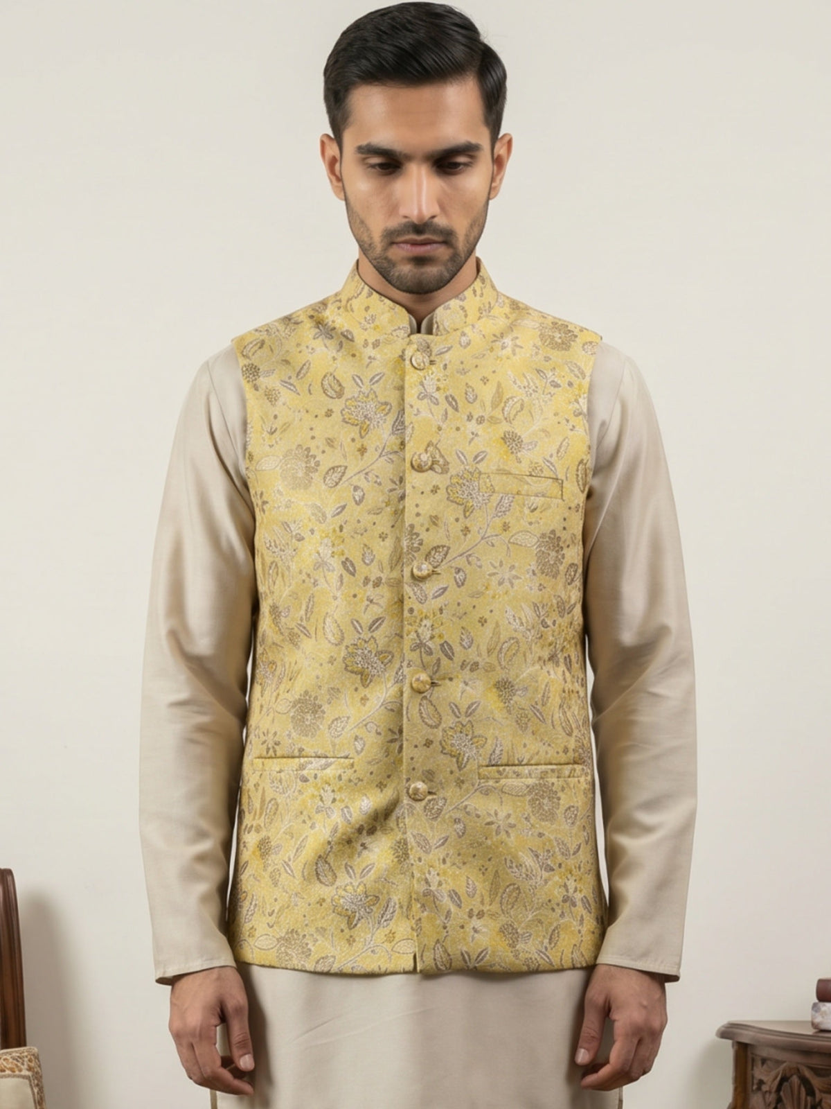 Men Floral Woven Silk Blend Nehru Jacket ( 65WC 4155Yellow )