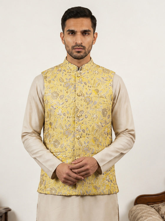 Men Floral Woven Silk Blend Nehru Jacket ( 65WC 4155Yellow )