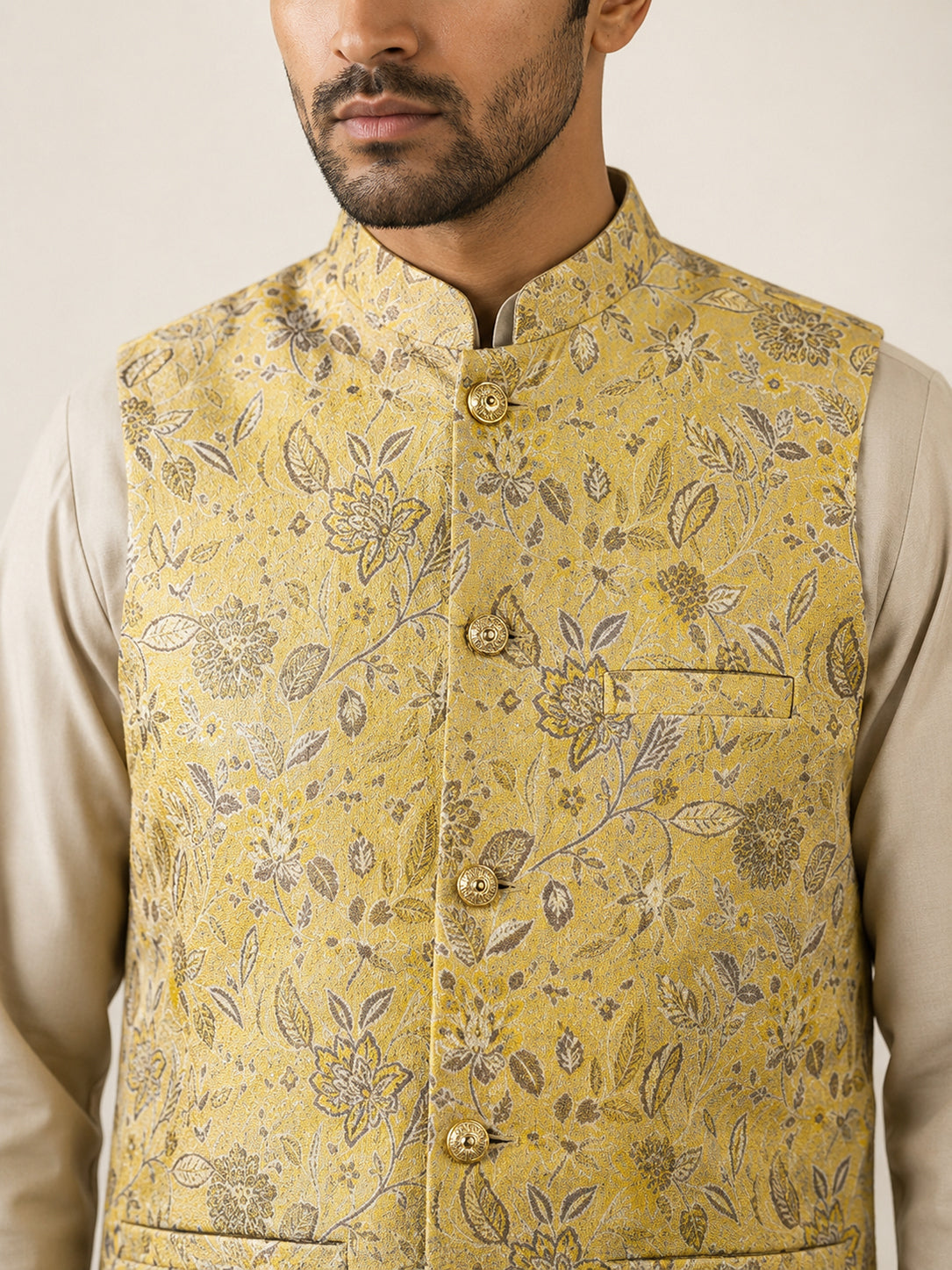 Men Floral Woven Silk Blend Nehru Jacket ( 65WC 4155Yellow )