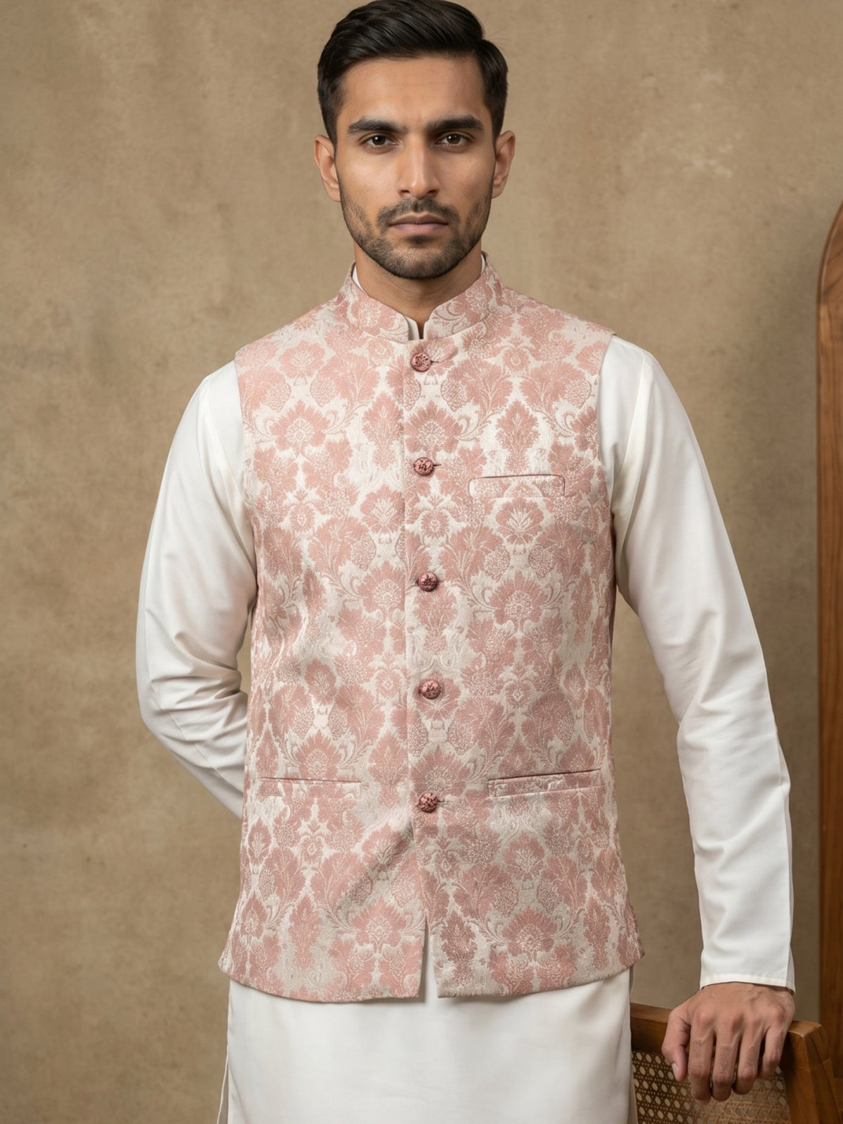 Men's Floral Jacquard Silk Blend Nehru Jacket ( 65WC 4156Peach )
