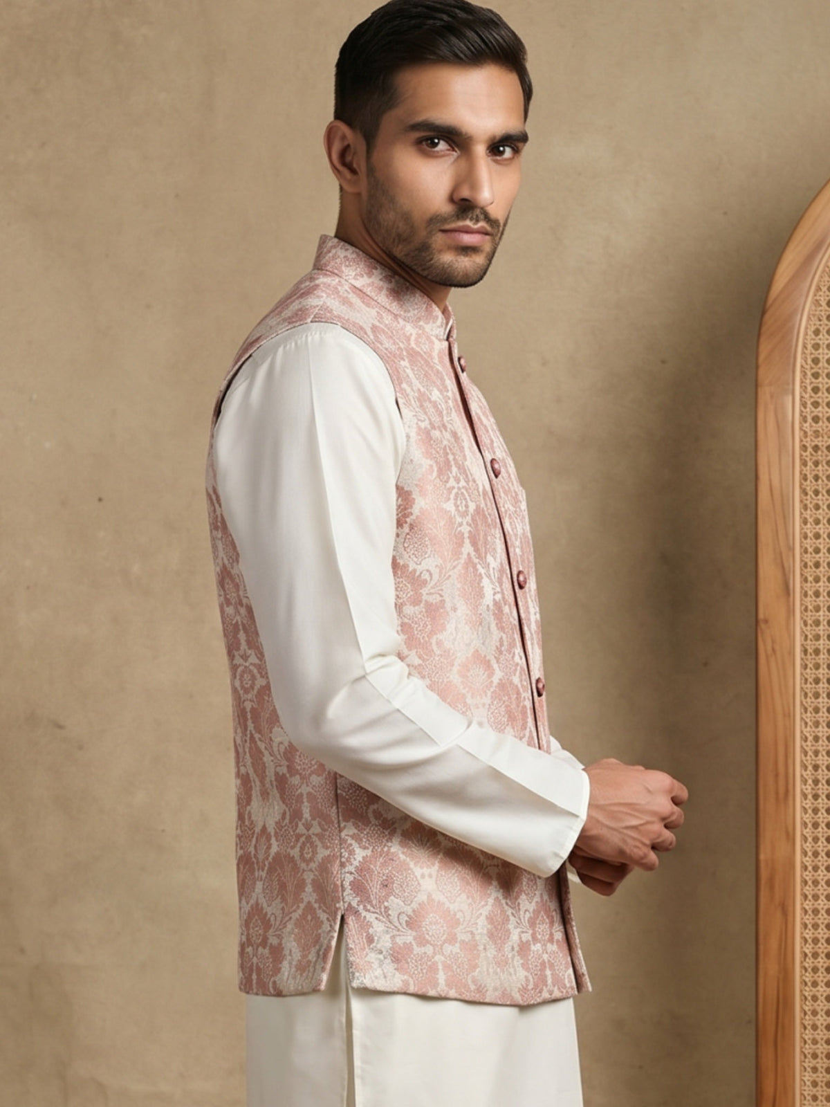 Men's Floral Jacquard Silk Blend Nehru Jacket ( 65WC 4156Peach )