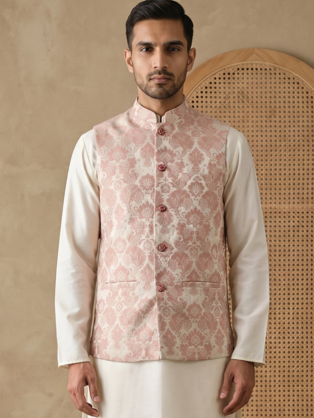 Men's Floral Jacquard Silk Blend Nehru Jacket ( 65WC 4156Peach )