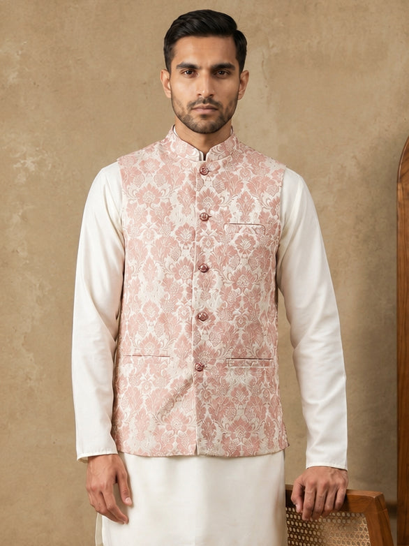 Men's Floral Jacquard Silk Blend Nehru Jacket ( 65WC 4156Peach )