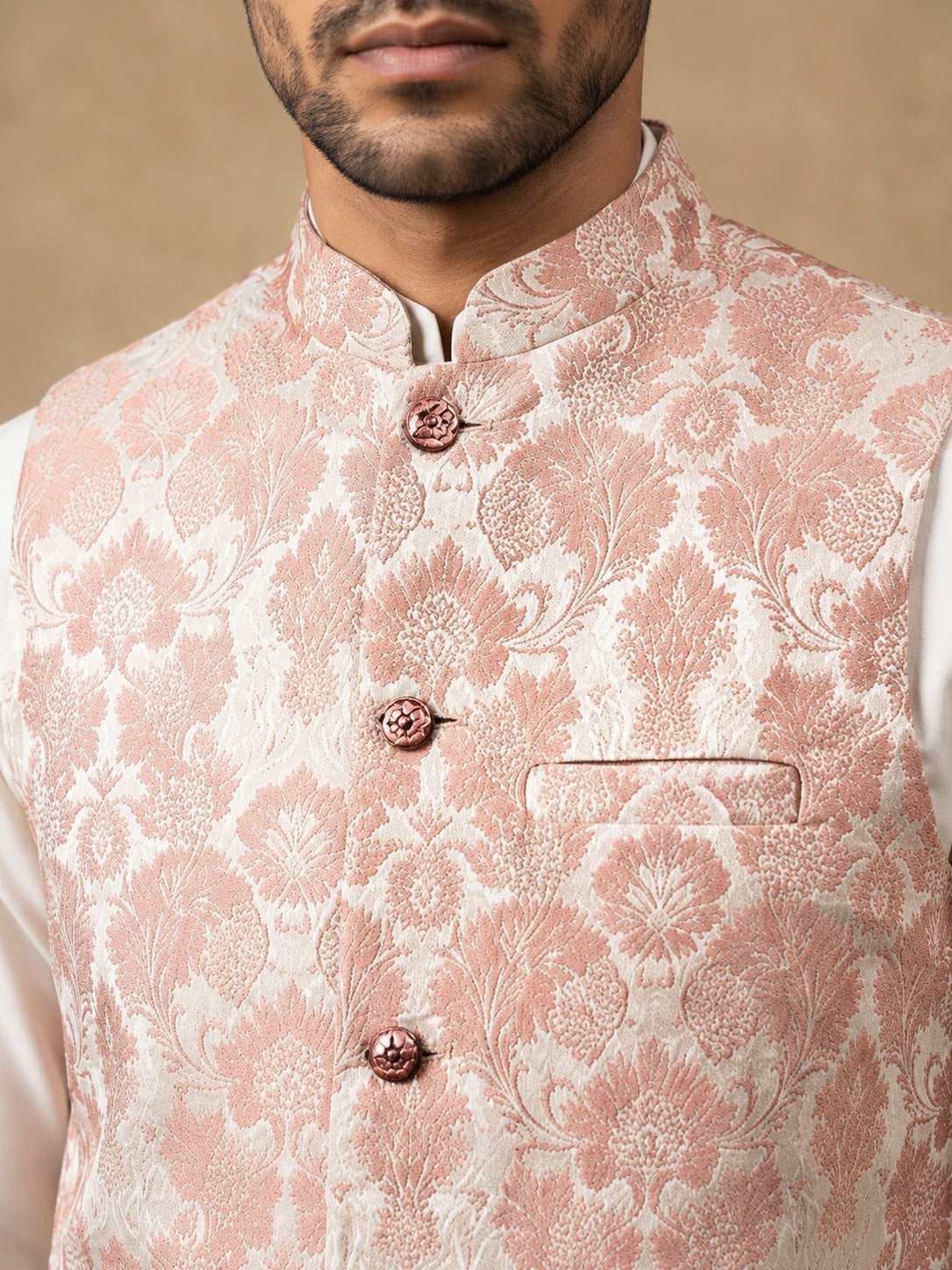 Men's Floral Jacquard Silk Blend Nehru Jacket ( 65WC 4156Peach )