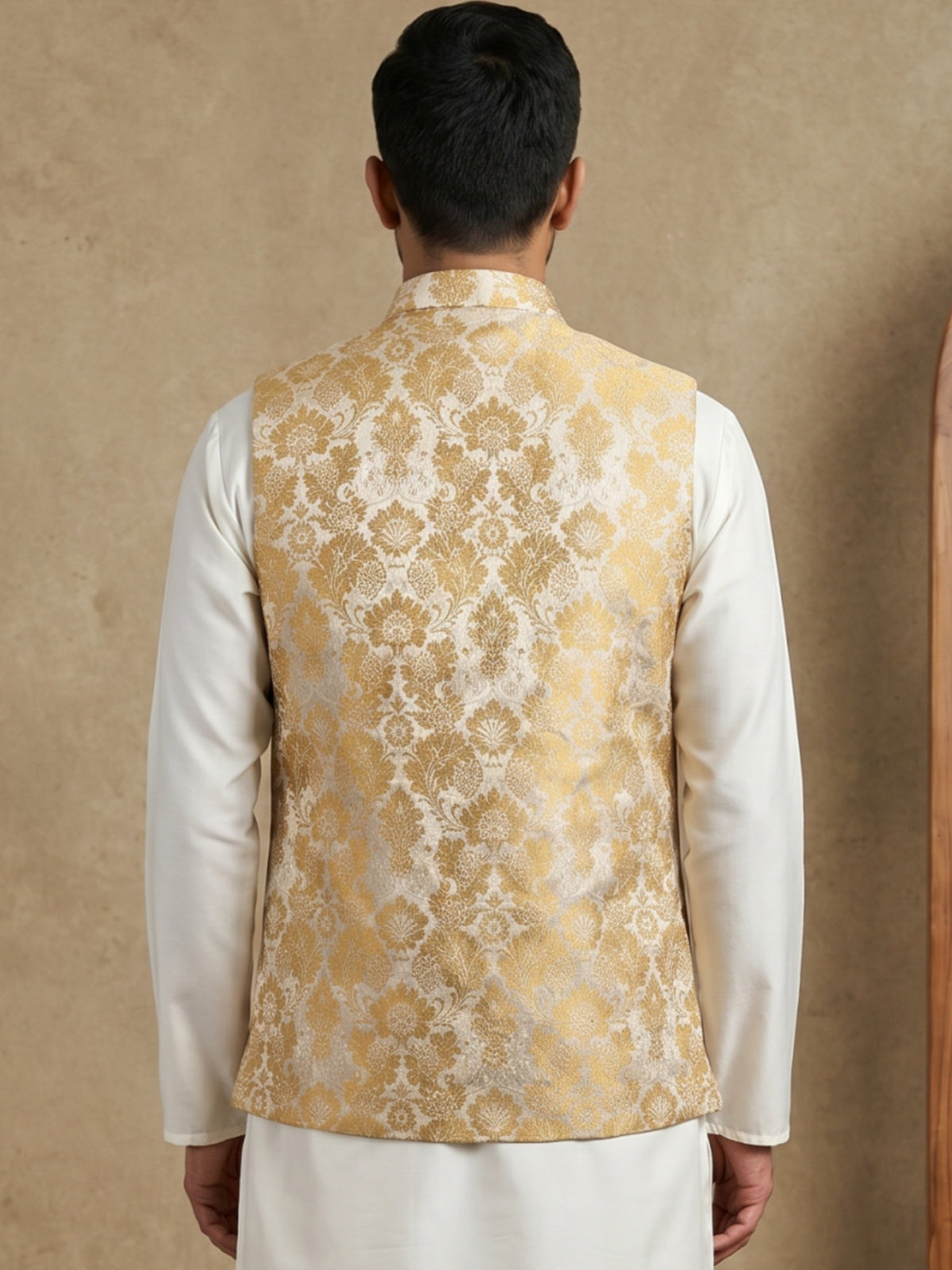 Men's Floral Jacquard Silk Blend Nehru Jacket ( 65WC 4156Yellow )