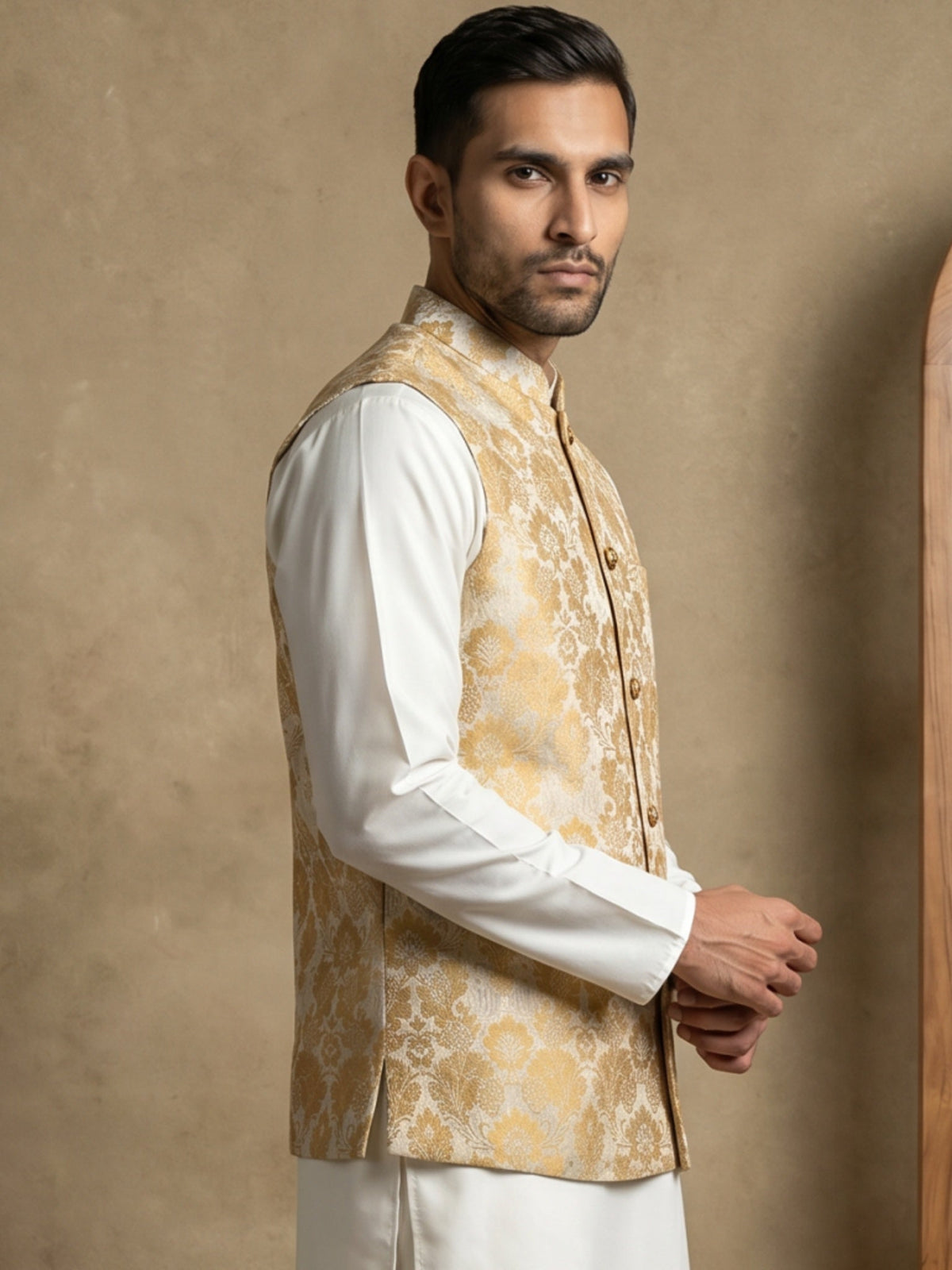 Men's Floral Jacquard Silk Blend Nehru Jacket ( 65WC 4156Yellow )