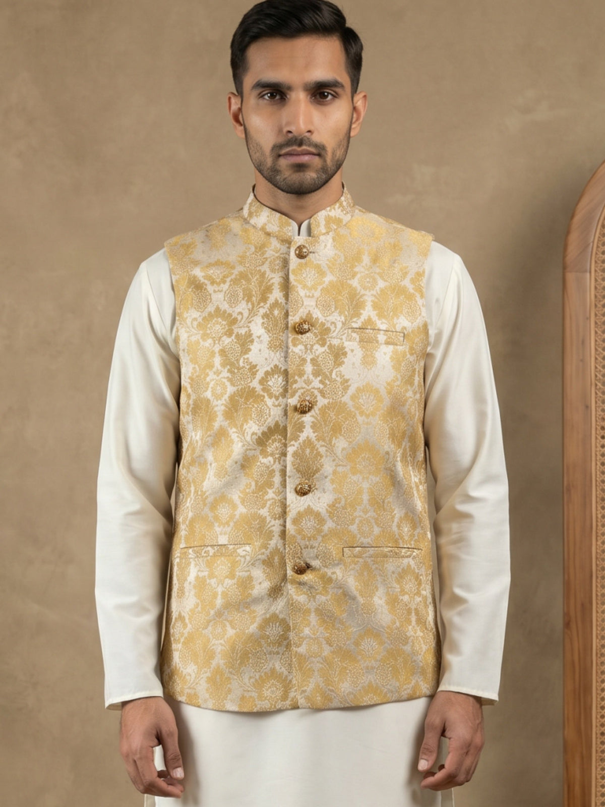 Men's Floral Jacquard Silk Blend Nehru Jacket ( 65WC 4156Yellow )