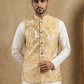 Men's Floral Jacquard Silk Blend Nehru Jacket ( 65WC 4156Yellow )