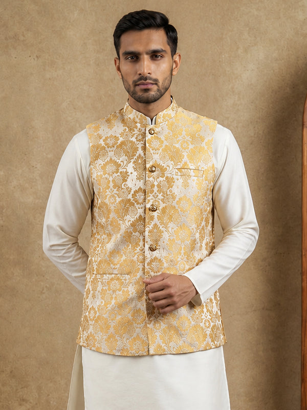 Men's Floral Jacquard Silk Blend Nehru Jacket ( 65WC 4156Yellow )