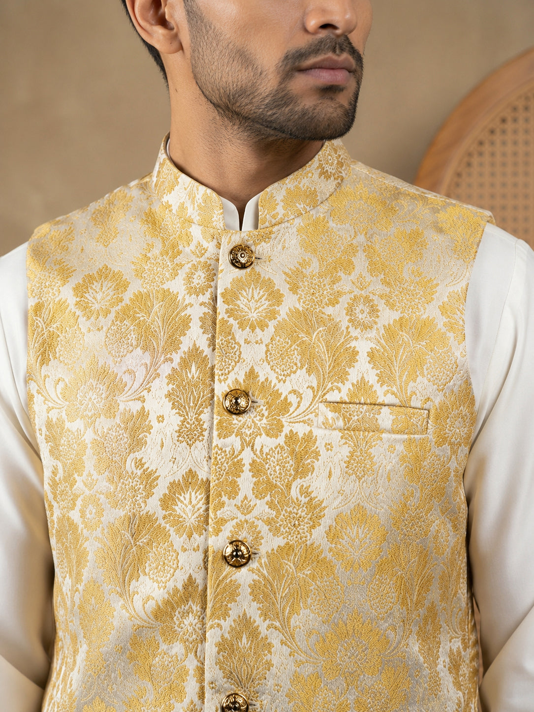Men's Floral Jacquard Silk Blend Nehru Jacket ( 65WC 4156Yellow )