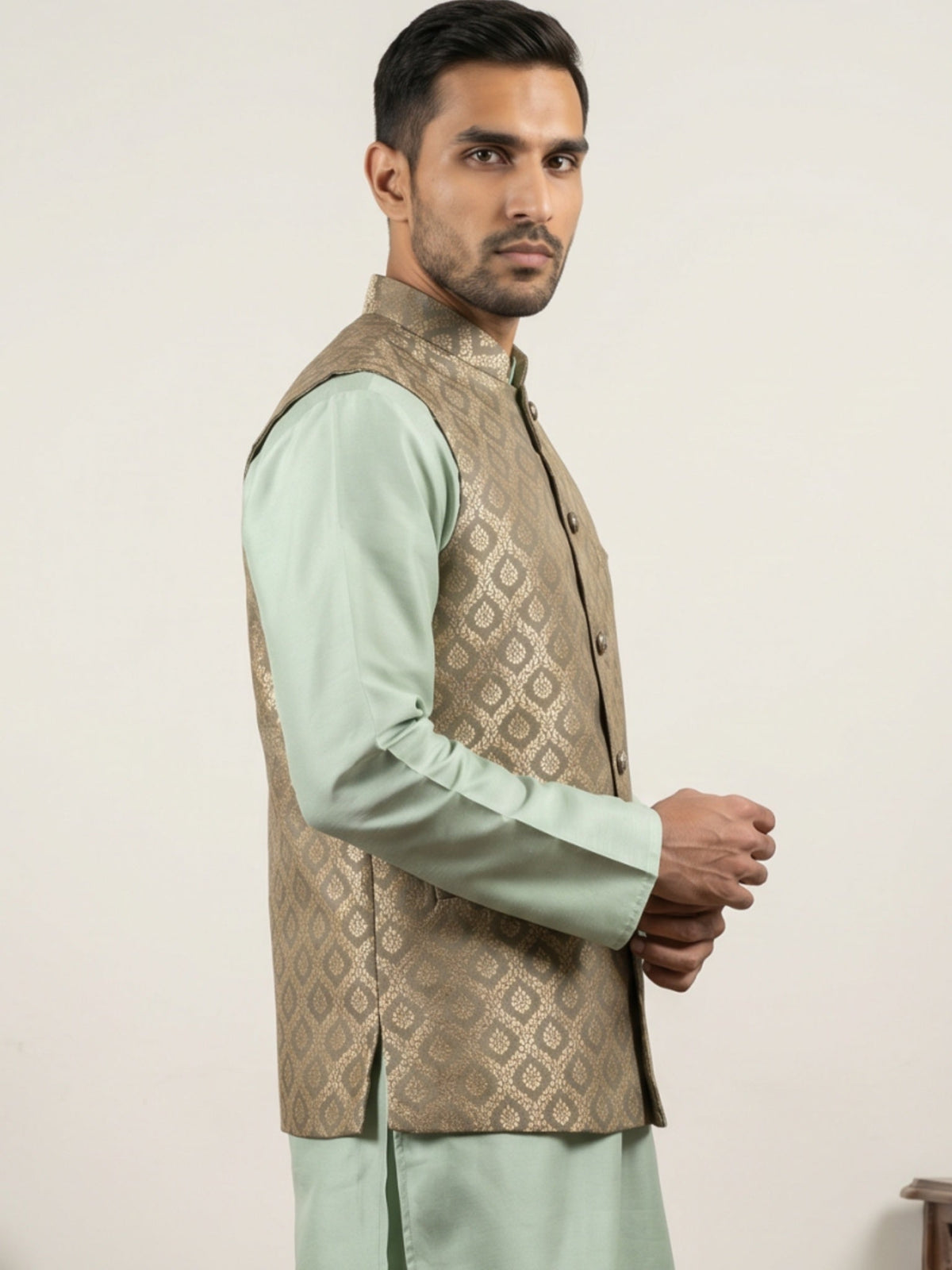 Men's Jacquard Woven Silk Blend Nehru Jacket ( 65WC 4157Green )