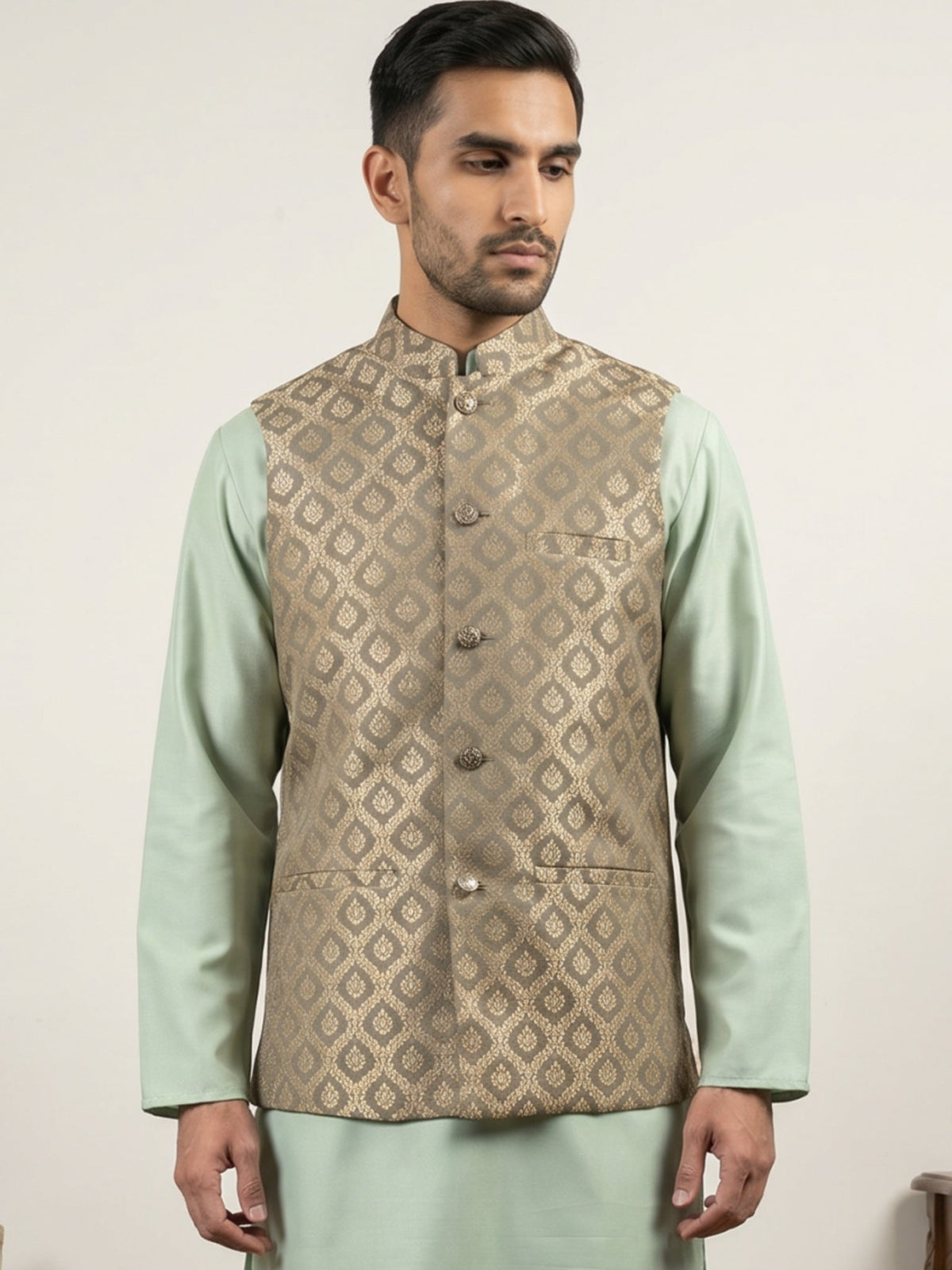 Men's Jacquard Woven Silk Blend Nehru Jacket ( 65WC 4157Green )