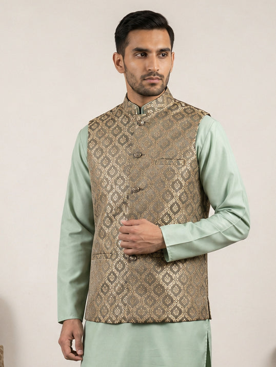 Men's Jacquard Woven Silk Blend Nehru Jacket ( 65WC 4157Green )