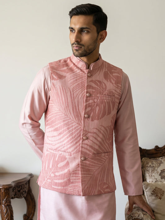 Cotton Blend Botanical Print Nehru Jacket ( 65WC 4158Peach )