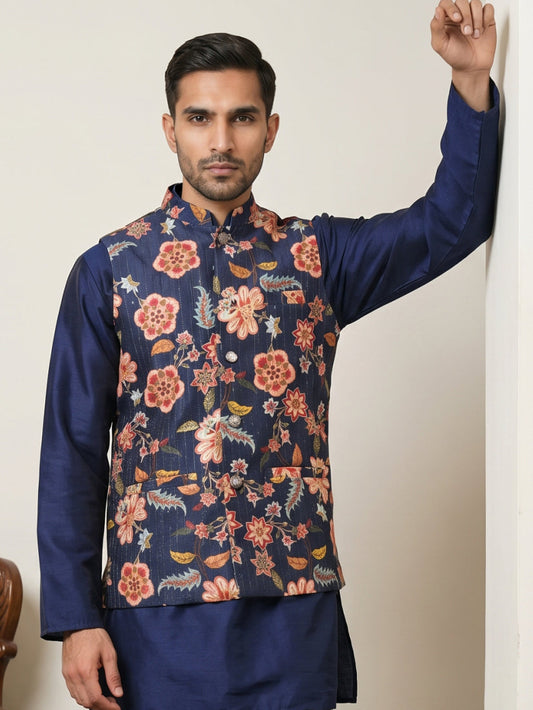 Cotton Blend Floral Printed Nehru Jacket ( 65WC 4160Navy )