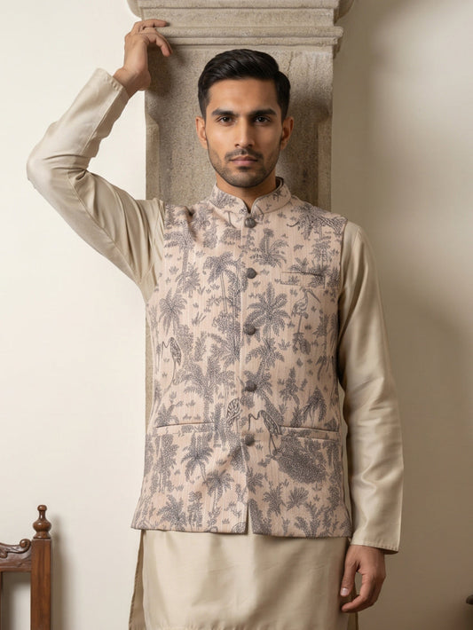 Men's Tropical Printed Cotton Blend Nehru Jacket ( 65WC 4163Beige )