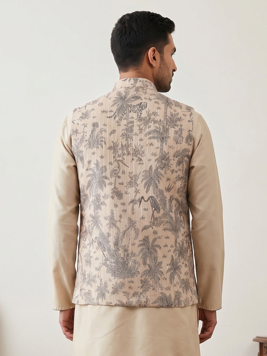 Men's Tropical Printed Cotton Blend Nehru Jacket ( 65WC 4163Beige )