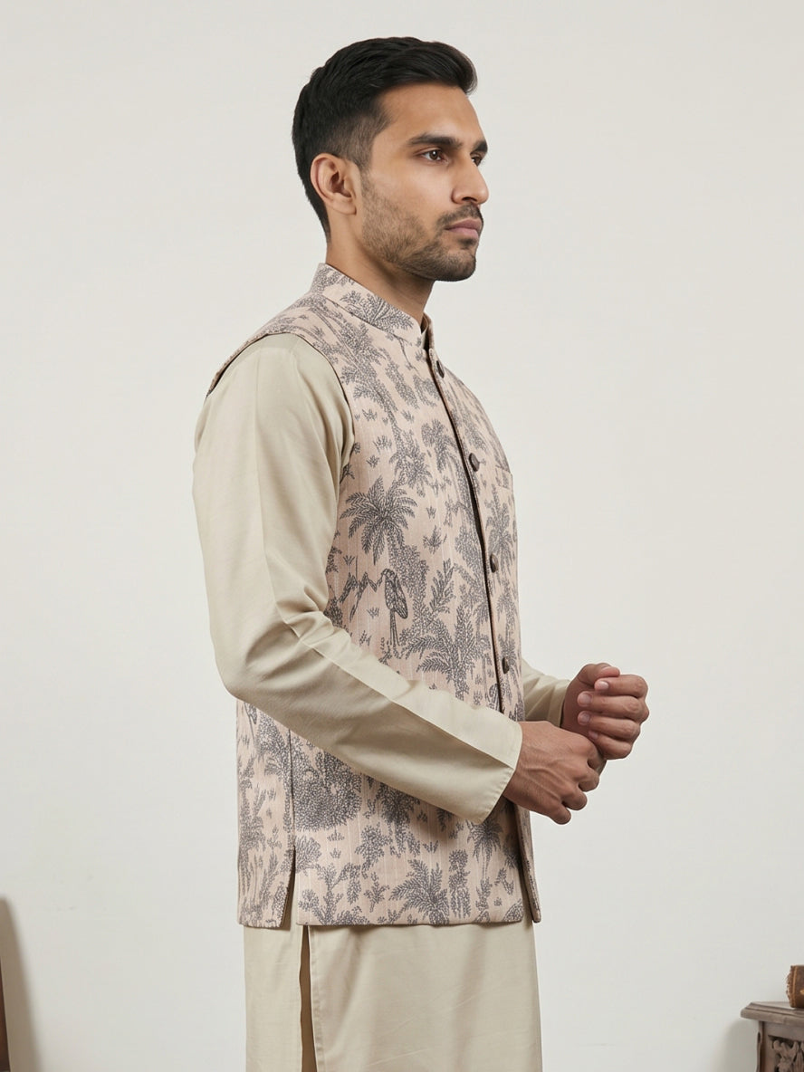 Men's Tropical Printed Cotton Blend Nehru Jacket ( 65WC 4163Beige )