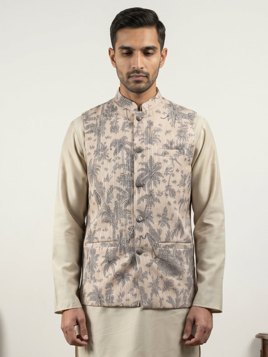 Men's Tropical Printed Cotton Blend Nehru Jacket ( 65WC 4163Beige )
