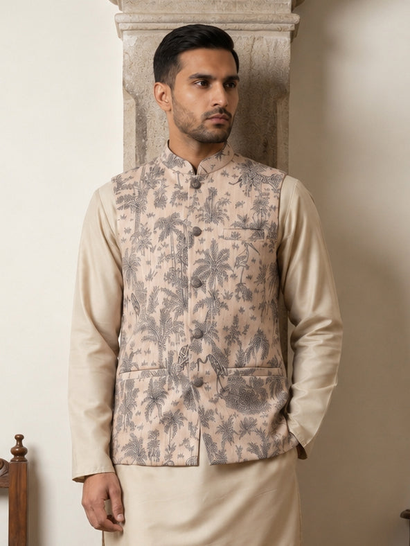 Men's Tropical Printed Cotton Blend Nehru Jacket ( 65WC 4163Beige )