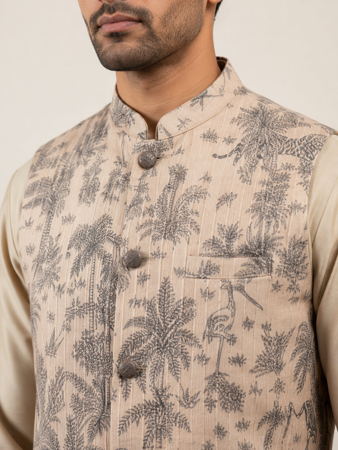 Men's Tropical Printed Cotton Blend Nehru Jacket ( 65WC 4163Beige )