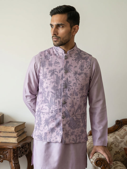 Men's Tropical Printed Cotton Blend Nehru Jacket ( 65WC 4163Purple )