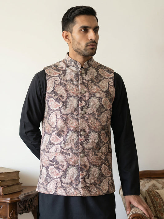 Men Paisley Embroidered Cotton Blend Nehru Jacket ( 65WC 4164Black )