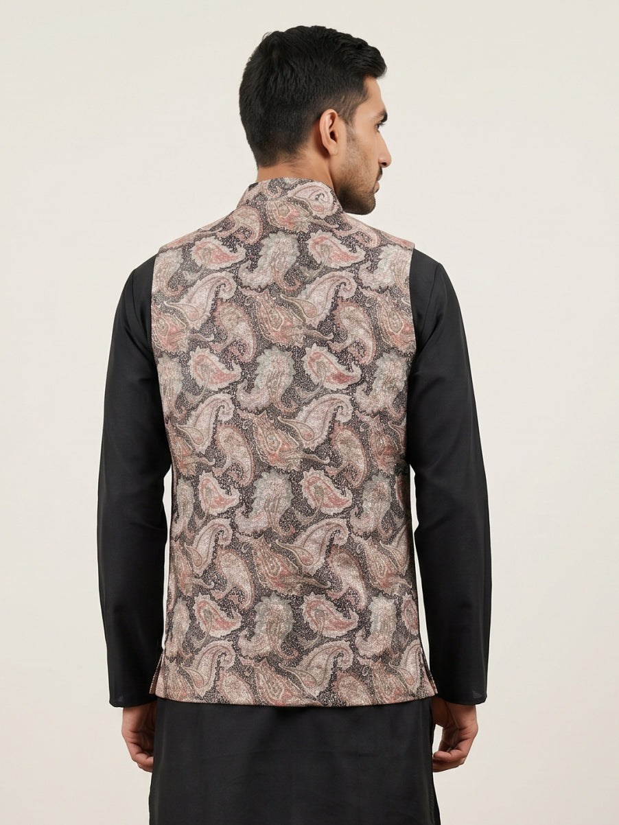 Men Paisley Embroidered Cotton Blend Nehru Jacket ( 65WC 4164Black )