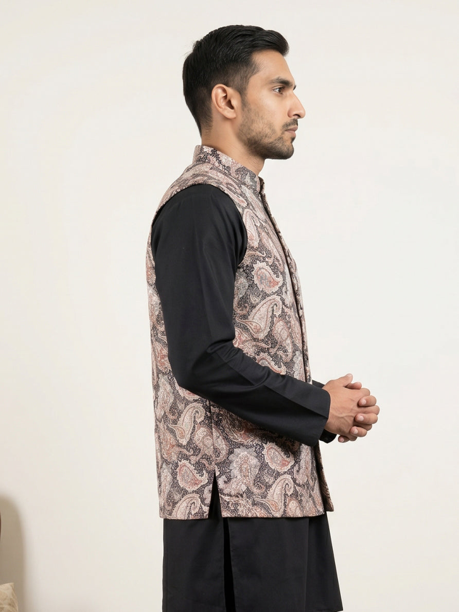Men Paisley Embroidered Cotton Blend Nehru Jacket ( 65WC 4164Black )