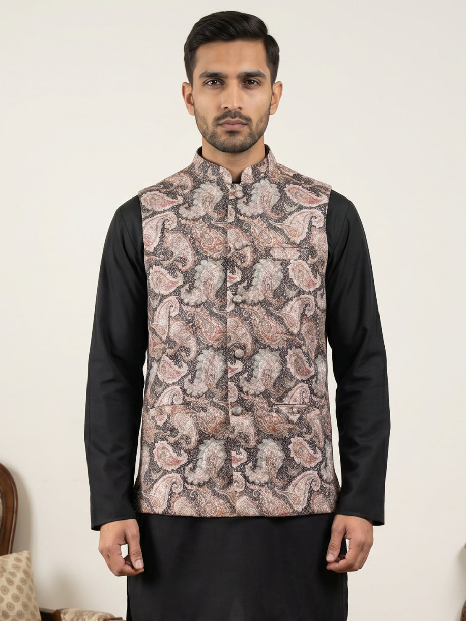 Men Paisley Embroidered Cotton Blend Nehru Jacket ( 65WC 4164Black )