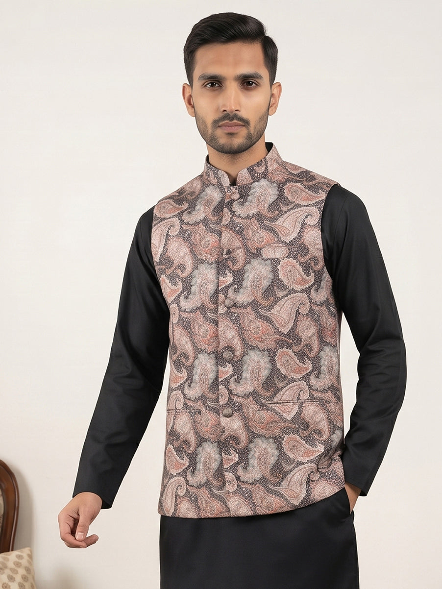 Men Paisley Embroidered Cotton Blend Nehru Jacket ( 65WC 4164Black )