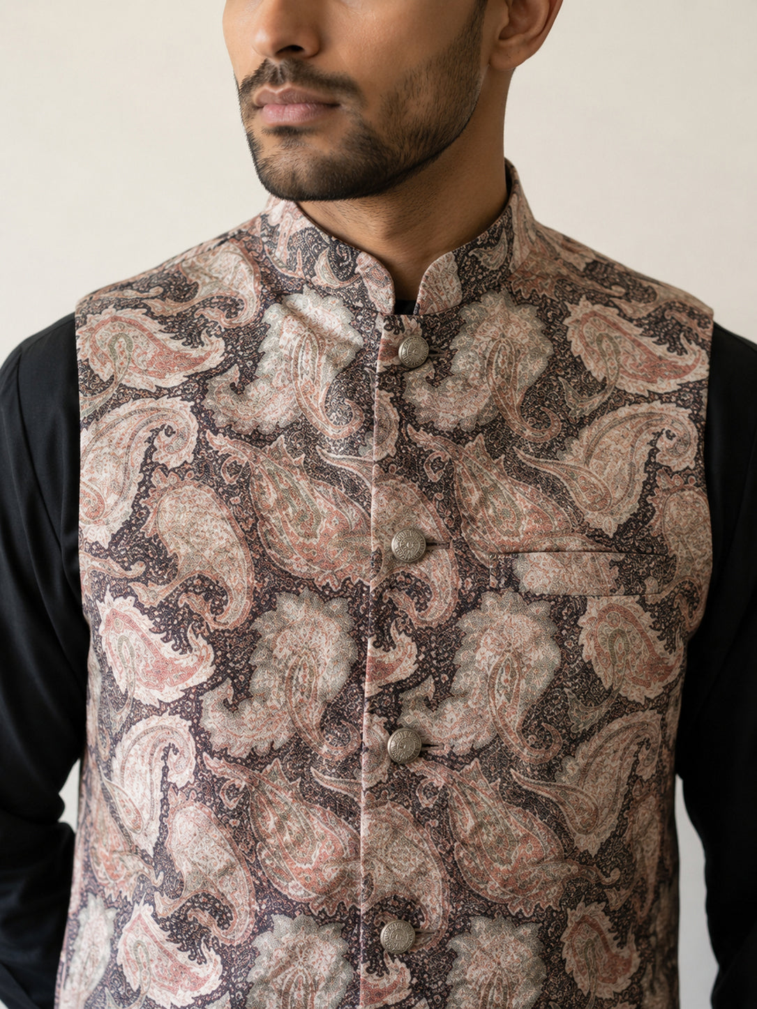 Men Paisley Embroidered Cotton Blend Nehru Jacket ( 65WC 4164Black )