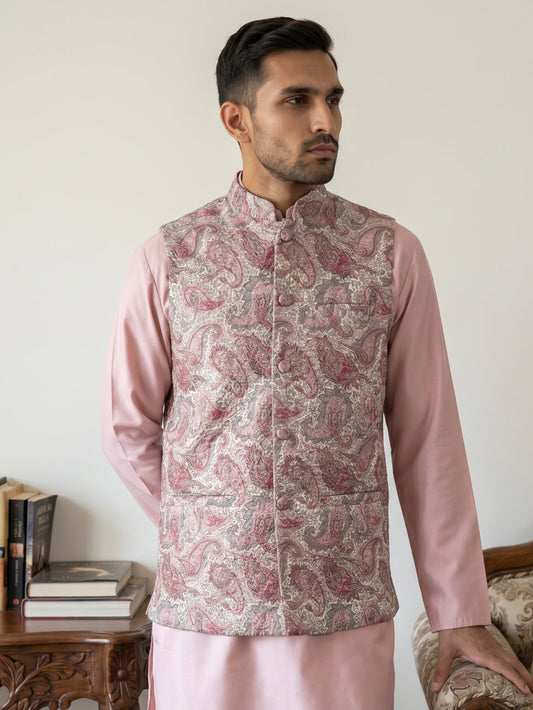 Men Paisley Embroidered Cotton Blend Nehru Jacket ( JOWC 4164Peach )