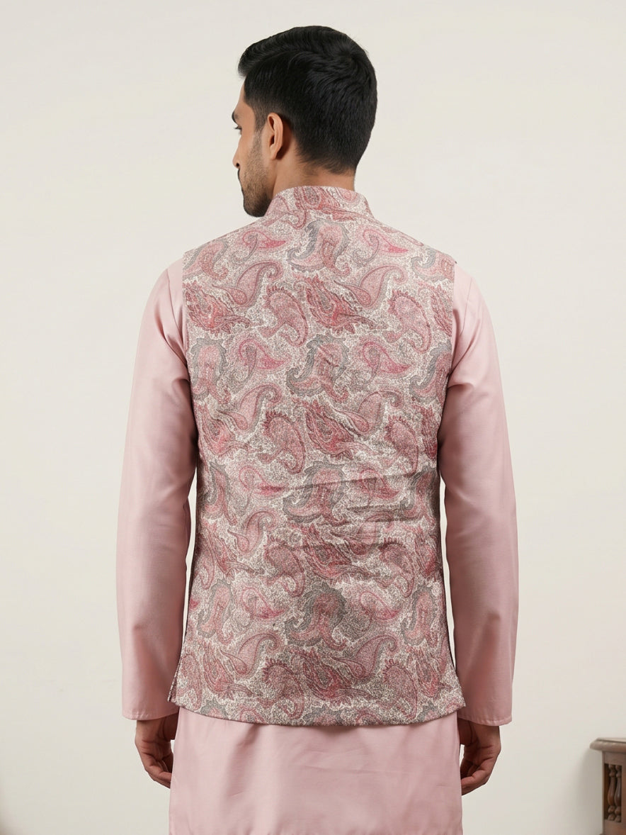 Men Paisley Embroidered Cotton Blend Nehru Jacket ( JOWC 4164Peach )
