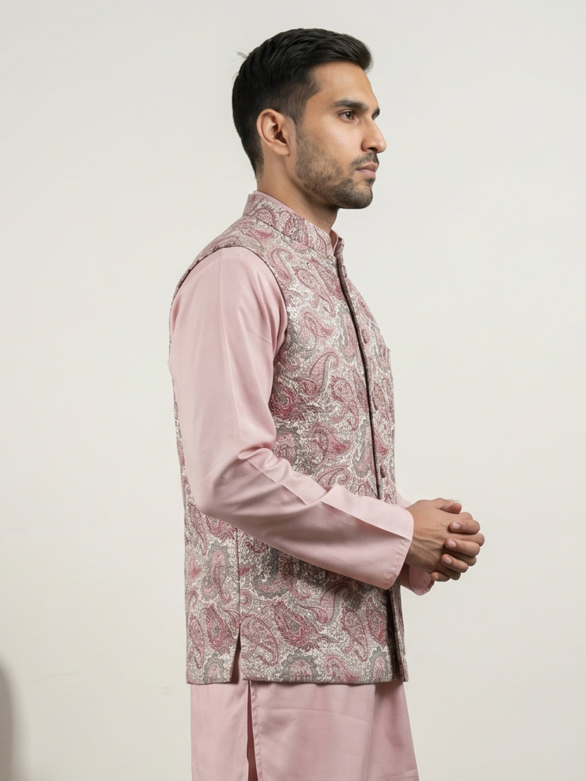 Men Paisley Embroidered Cotton Blend Nehru Jacket ( JOWC 4164Peach )