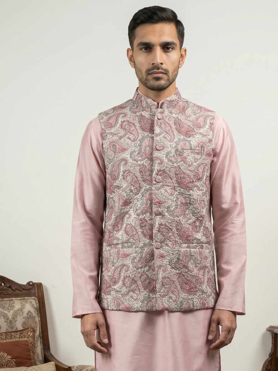 Men Paisley Embroidered Cotton Blend Nehru Jacket ( 65WC 4164Peach )