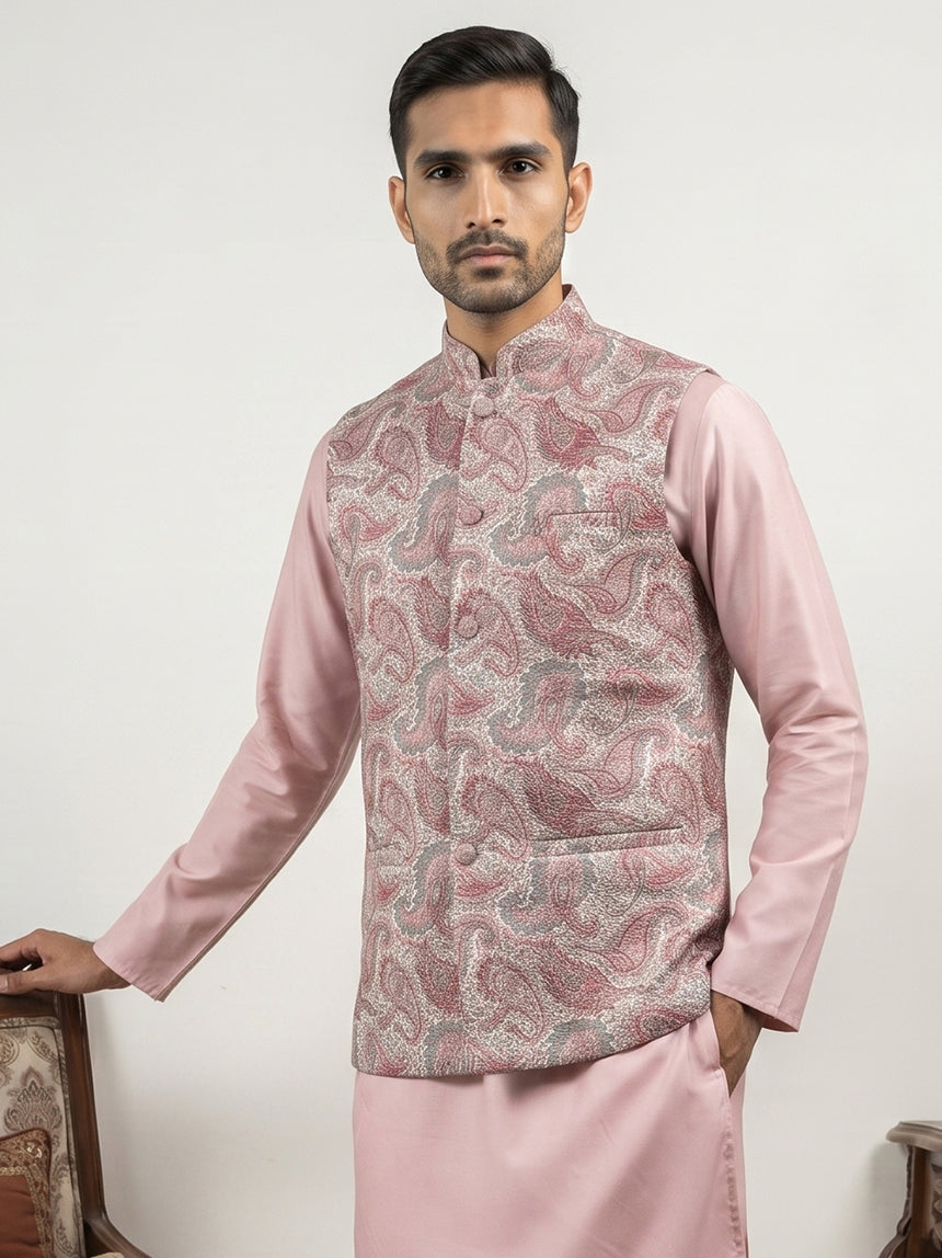 Men Paisley Embroidered Cotton Blend Nehru Jacket ( 65WC 4164Peach )